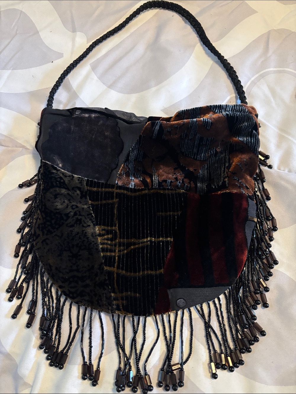 Artisan Patchwork Beaded Fringe Shoulder Bag - Black/Brown/Red